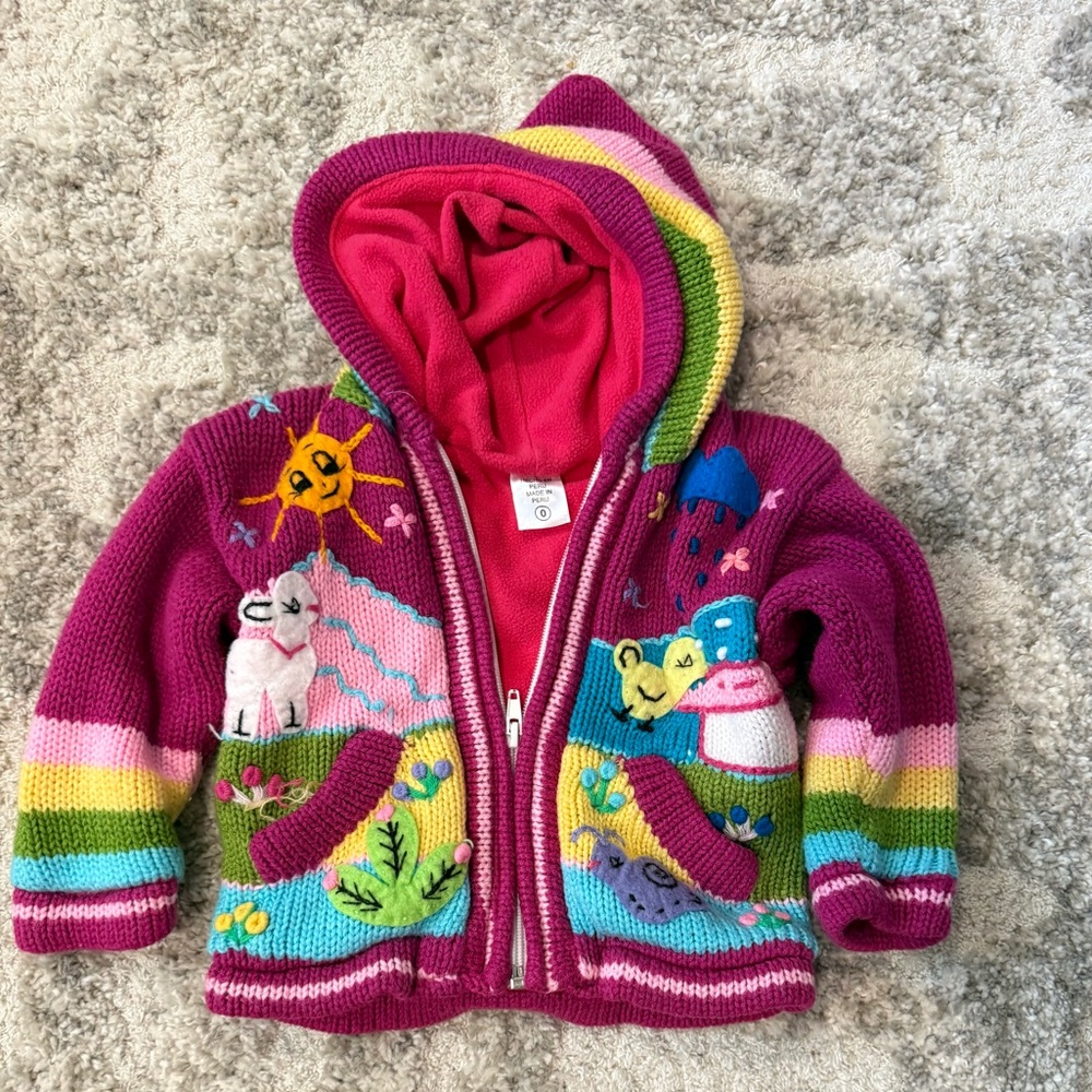 Alpaca Leal Colorful Hooded Full‎ Zip Baby Girl Sweater Alpaca Blend Size 3-6m